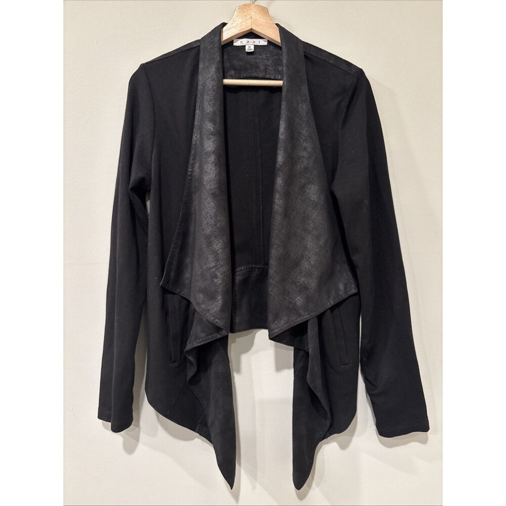 CAbi black cardigan sweater With Faux Leather Detail & Layered‎ Front Size M EUC